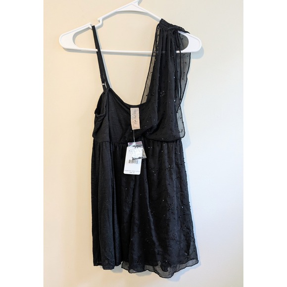 Free People Black Beaded Embellished One Shoulder Sequined Top Y2K Size S NWT - Picture 1 of 5